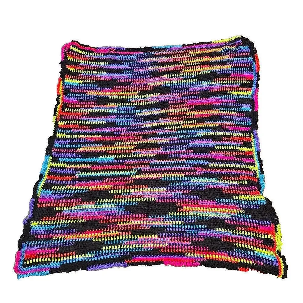 Handmade Afghan Neon Stripe Boho 80's Crochet Blanket, 55